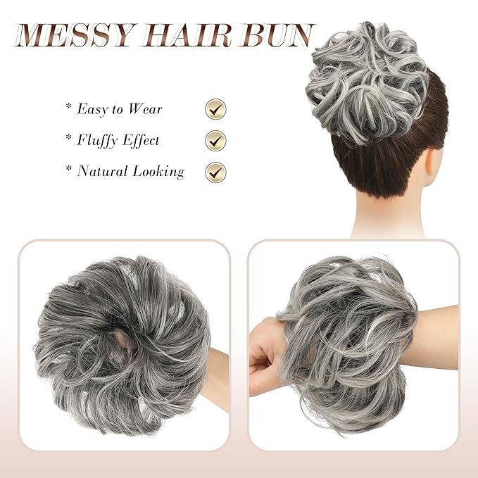 FESHFEN Messy Bun Hair Piece - Elastic Wavy Curly Hair Bun Scrunchies Extensions Synthetic Chignon Hairpieces for Women Girls, Black Gray and White Tips 1.5 oz