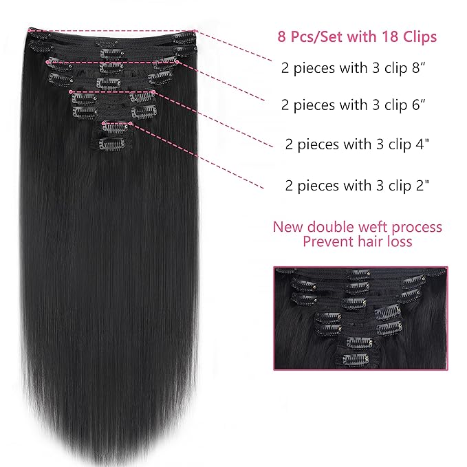 14 Inch Straight Clip ins For Women 100% Unprocessed Brazilian Virgin Hair Wear and Go Straight Clip in Hair Extensions Affrodable Clip on Hair 8pcs With 18 Clips 120g Natural Color