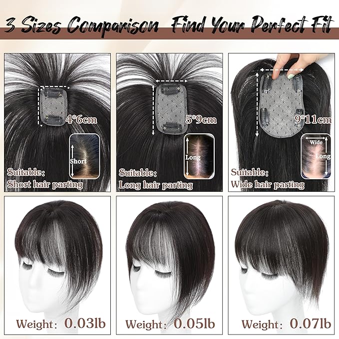 Hair Toppers for Women Real Human Hair - 360° Coverage Black Clip In Topper with Bangs for Thinning Hair Upgraded 4×6 cm Silk Base Ideal for Everyday Use