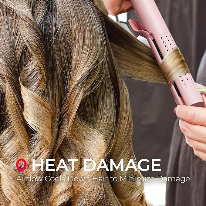 TYMO Airflow Curling Iron for Lasting Curls - Flat Iron Hair Straightener and Curler 2 in 1, Anti-Scald Ionic Curling Wand 1.25 Inch, 360° Cool Air, 5 Temps & Dual Voltage for Long Short Hair, Pink