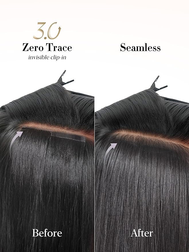 LUVME 0.59mm Zero Trace Invisible Clip in Hair Extensions, Yaki Straight 2 Pack 6 Pcs 100g 22 Inch, 100% Real Human Hair Clip Ins, Seamless Invisible Length for Office, Brunch & Nights Out