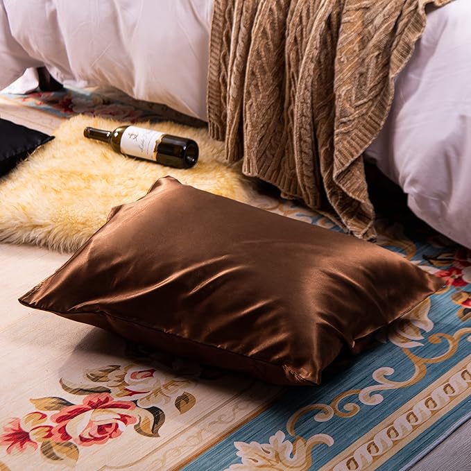 NTBAY 2 Pack Satin Standard Pillowcases for Hair and Skin, Luxurious and Silky Pillow Cases with Envelope Closure, 20x26 Inches, Brown