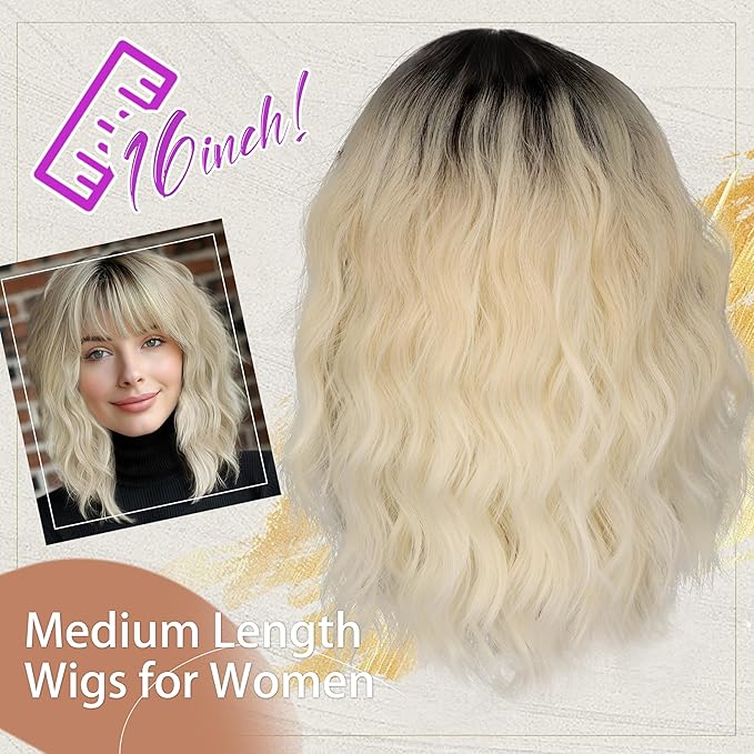Nnzes Short Wavy Bob Wig with Bangs for Women Shoulder Length Curly Ombre Blonde Synthetic Heat-Resistant Fiber Hair for Daily & Party Use
