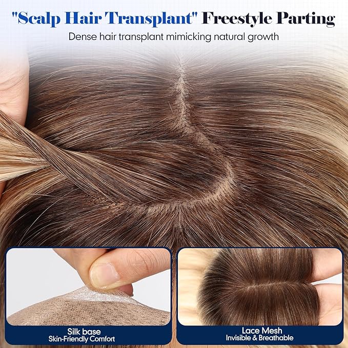 HAIRCUBE Hair Toppers For Women With Thinning 5"*5" Large Base Real Hair Toppers For Women, 14 Inch For Hand-Woven, 60g, Silk, Natural, realistic, Use Daily, Hairloss, Blonde Mixed Brown, with bangs