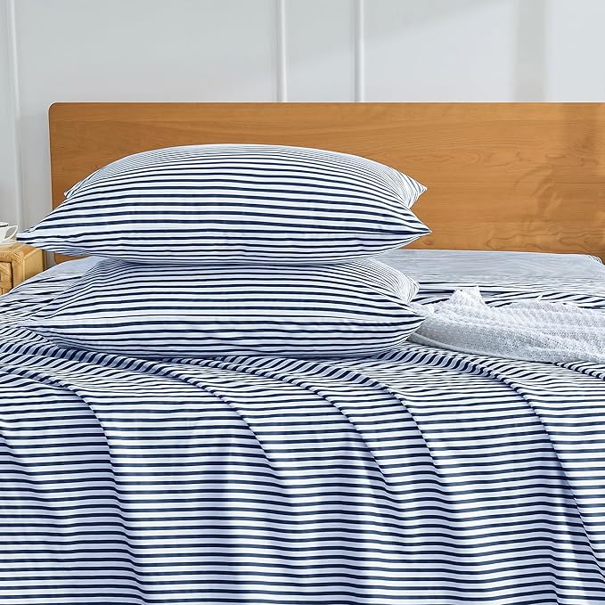 JELLYMONI 100% Natural Cotton Striped King Pillowcases Set, 2 Pack White and Dark Blue Stripes Pattern Printed Pillow Covers with Envelope Closure(Pillows are not Included)