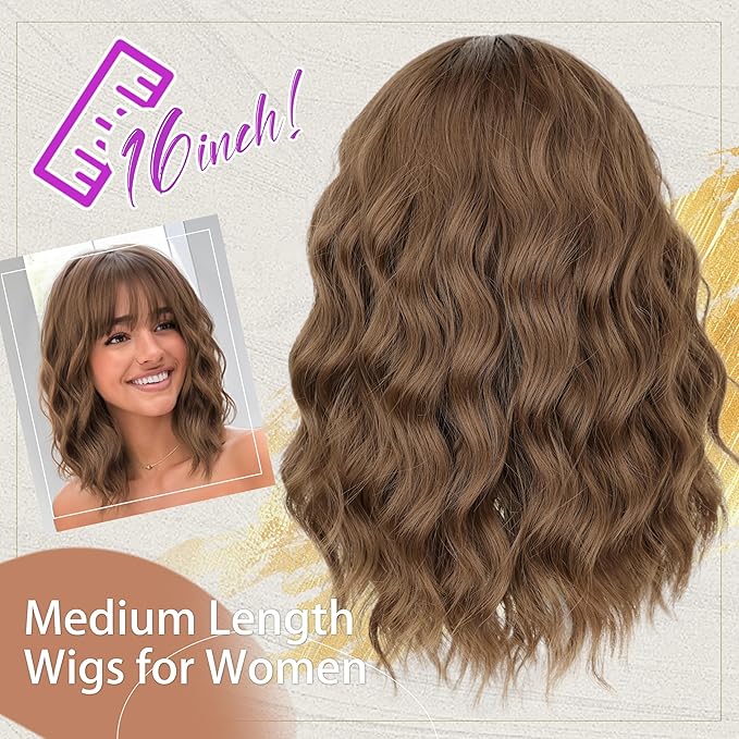 Nnzes Wig Bangs Light Brown Short Wavy Hair for Women Natural Looking Heat Resistant Bob Wigs with Synthetic Wig for Daily Party Use
