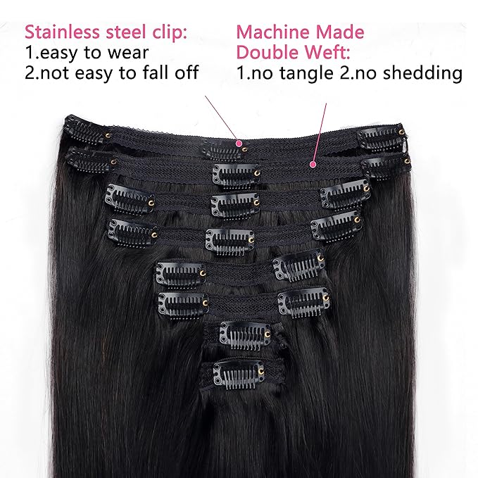Clip in Hair Extensions Real Human Hair Clip ins Remy Human Hair Black Women Natural Black Straight Seamless Clip on Hair Extensions 120 Gram(24inch,#1B)