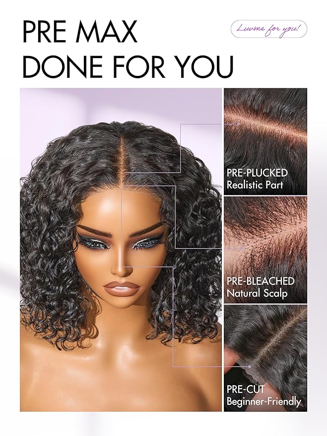 LUVME HAIR 5X5 Deep Curly 12 Inches 100% Human Hair Wigs Curly Deep Wave Glueless Lace Front 12 Inches, Pre Cut Plucked Hd Lace Short Wig Ready To Go Natural Color Straight Bleached Knots Black Wigs