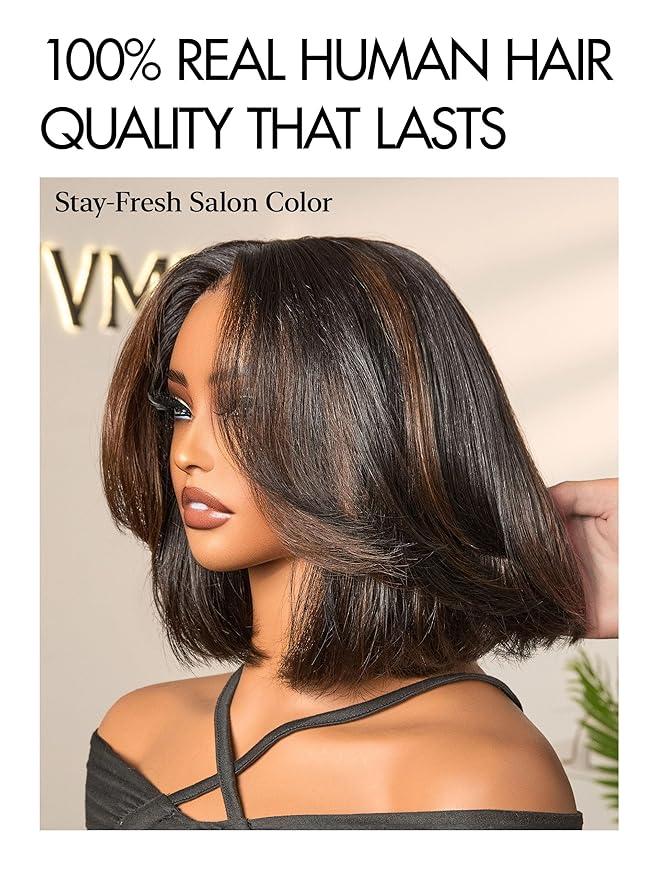 LUVME HAIR 5X5 Layered Cut Bob Wig 100% Human Hair Wigs Glueless 10 Inches Bob Pre Cut Plucked Lace Short Wig Ready To Go Bleached Knots Middle Part Brown Highlight Wigs