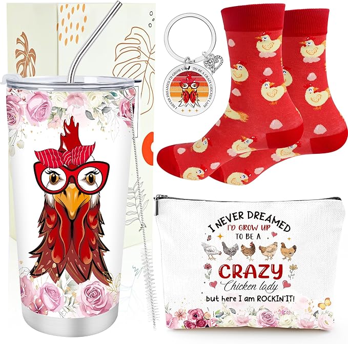 Keluna Chicken Gifts for Women - Chicken Lover Essetials Gifts for Female Friends Sister Daugher Lady Boss Coworker, Birthday Christmas Valentines Mothers Makeup Bag Socks Keychain Tumbler Cup