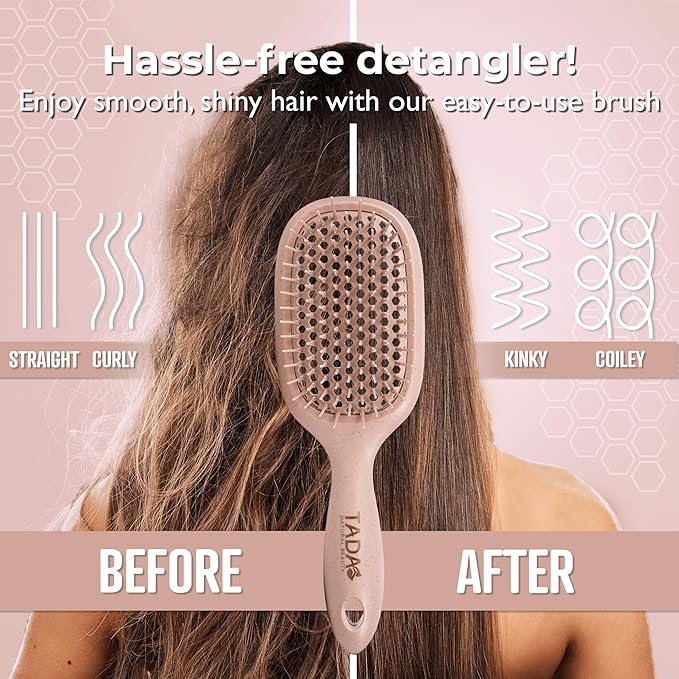 TADA Natural Beauty Hair Brush Detangler for Curly, Thick, Wavy, and Thin Hair - Ventilation Holes for Quick Drying and Styling, Detangler Brush for Women, Men, Kids (4 Colors) (Pink)