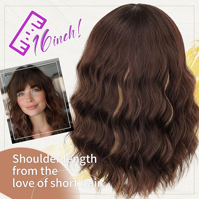 Nnzes Short Wavy Bob Wig with Bangs for Women Shoulder Length Curly Ombre Brown Highlight Synthetic Heat-Resistant Fiber Hair for Daily & Party Use