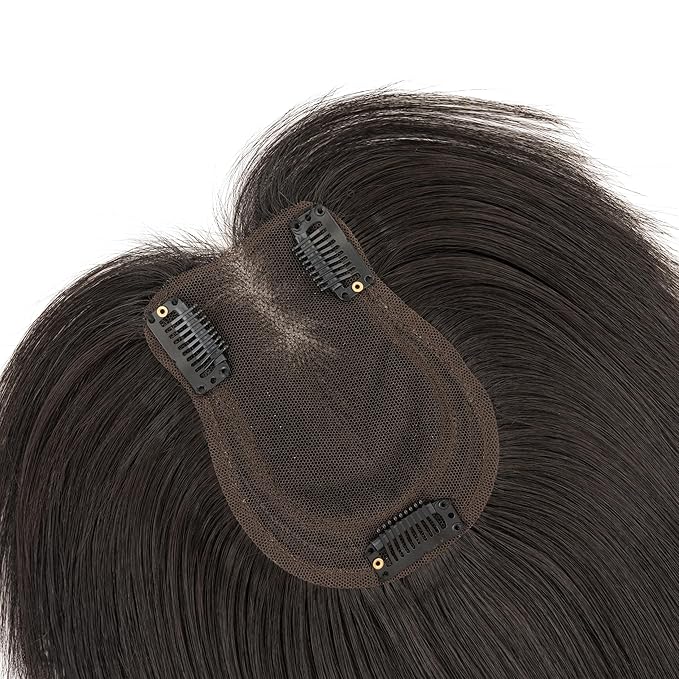 Hairro Human Hair Toppers with Side Bangs, 3D 360° Seamless Real Hair Toppers, Hand-Tied with 3.5"x4.7" U-shaped Base, Clip-In Hairpieces to Add Volume on Top, 12 Inch Natural Black