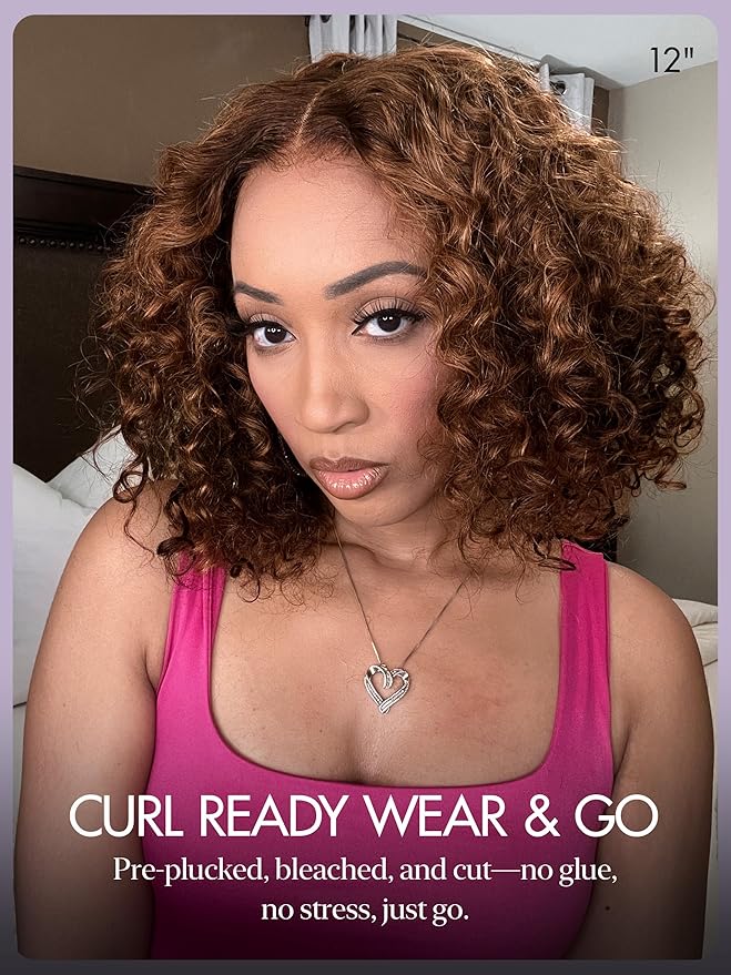 LUVME HAIR 5X5 Deep Curly 12 Inch 100% Human Hair Wigs Curly Deep Wave Glueless Lace Front 12 Inches, Pre Cut Plucked Hd Lace Short Wig Ready To Go Mix Brown Color Straight Bleached Knots Black Wigs