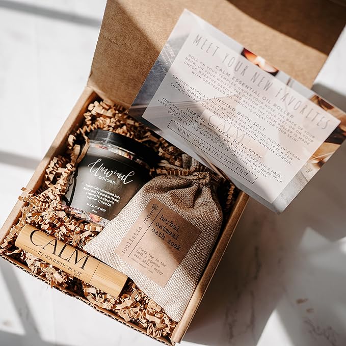 Relaxing Bath Gift Set, Luxury Spa Gifts for Women, Self Care Products for Women and Men, Calm Essential Oil Roller, Oatmeal Lavender Bath Soak & Epsom Salts with Essential Oils