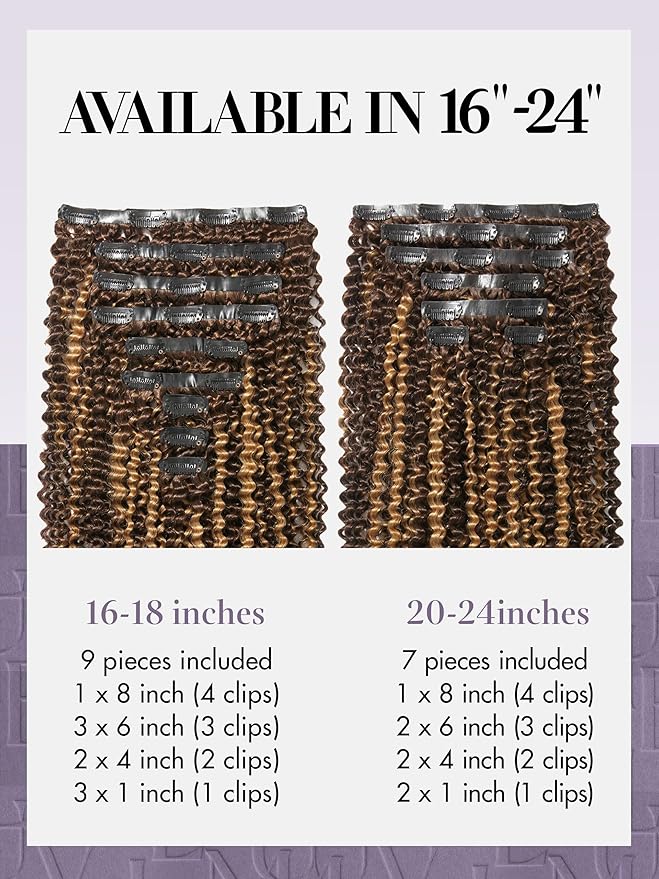 LUVME Kinky Curly Seamless Clip in Hair Extensions, 20 Inch 135g 7pcs #2/27 Hair Extensions Clip in Human Hair Invisible PU Skin Weft Natural Remy Human Hair