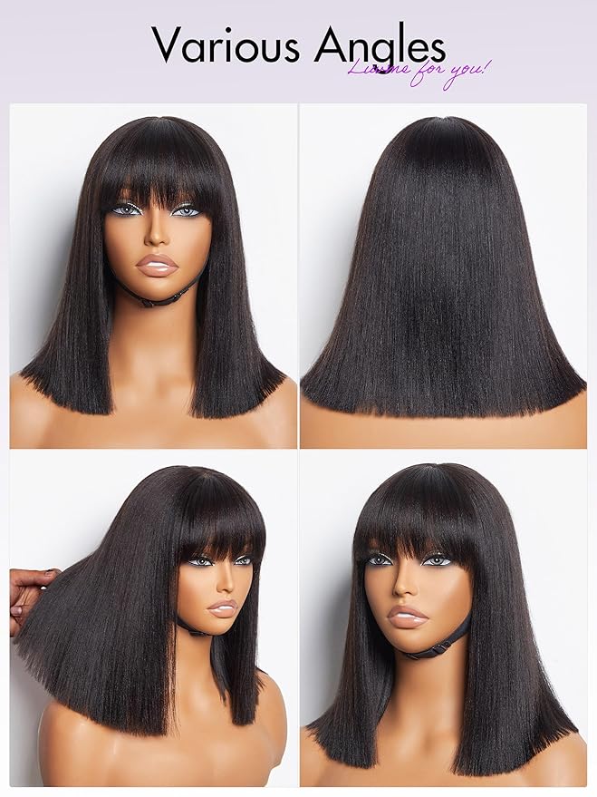 LUVME HAIR 12 Inch Light Yaki Straight Bob Wig with Bangs Human Hair Realistic HD Lace Short Black Bob Wigs, Ready to Go Blunt Cut Bob Wig Glueless 180 Density