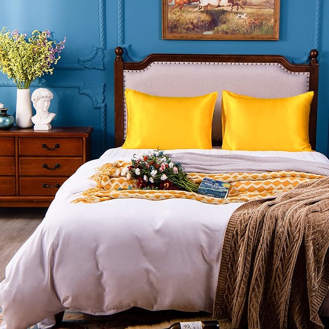 NTBAY 2 Pack Satin Standard Pillowcases for Hair and Skin, Luxurious and Silky Pillow Cases with Envelope Closure, 20x26 Inches, Yellow