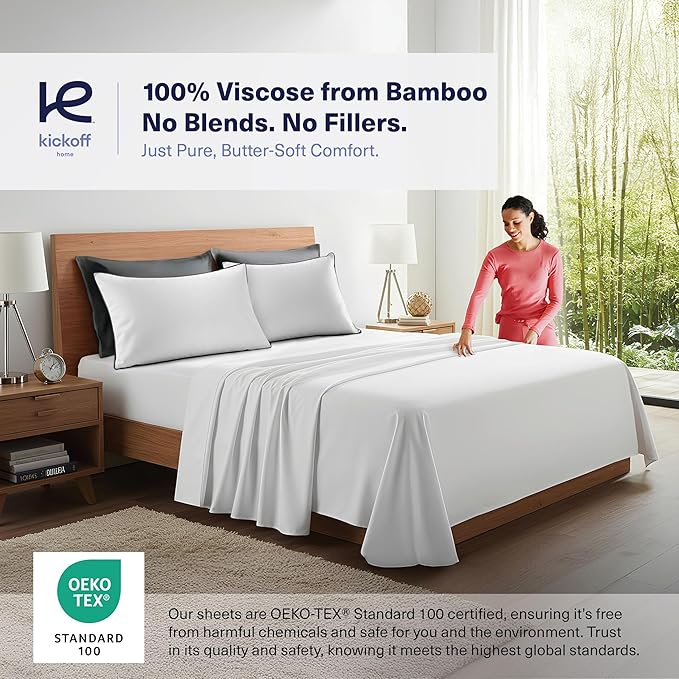 Kickoff Viscose Bamboo Pillowcase, King, Set of 2, 100% Organic Hidden Zippered Viscose Bamboo Pillow Case King Size, Cooling Pillow Cover for Hot Sleepers (20"x40", Trimmed, Pewter)
