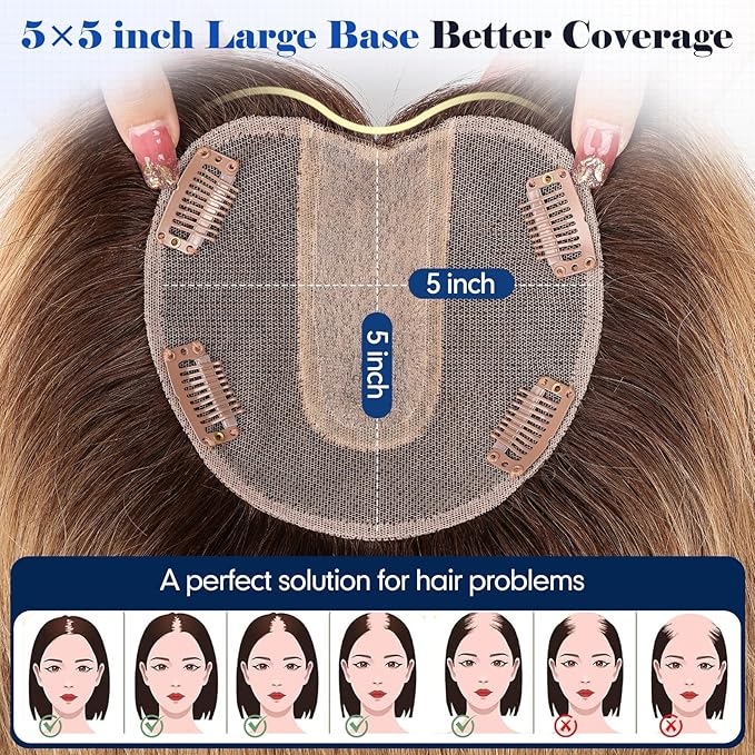 HAIRCUBE Hair Toppers For Women With Thinning 5"*5" Large Base Real Hair Toppers For Women, 14 Inch For Hand-Woven, 60g, Silk, Natural, realistic, Use Daily, Hairloss, Ombre Light Brown, with bangs