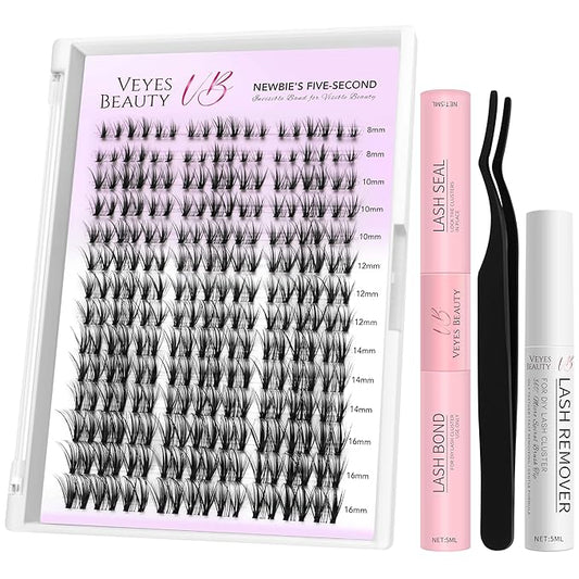 VEYESBEAUTY Lash Clusters Kit Eyelash Extensions Thin & Invisible Band DIY Individual False Eyelashes Newbie's Five-Second Series Lash Tray for Self-application, Whisper Lash 8-16mm Mixed Length