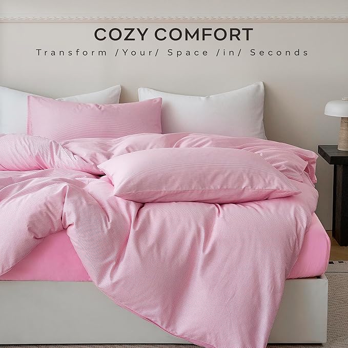 JELLYMONI 100% Natural Cotton Striped King Pillowcases Set, 2 Pack White and Thin Pink Striped Pattern Printed Pillow Covers with Envelope Closure(Pillows are not Included)