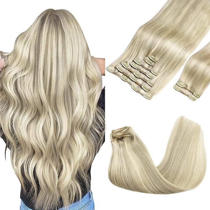 GOO GOO Clip in Hair Extensions Real Human Hair, Remy Human Hair Extensions Clip ins for Women, Natural Human Hair, 14inch 150g 9Pcs, 17A/60A Ash Blonde Highlighted Platinum Blonde