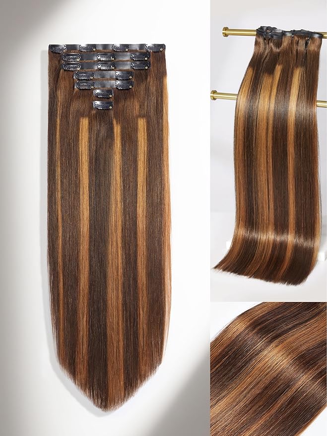 LUVME Clip in Hair Extensions Real Human Hair, Remy Human Hair Extensions Clip ins for Women, #4/27 Extensions, 18inch 135g 9Pcs Silky Straight Hair
