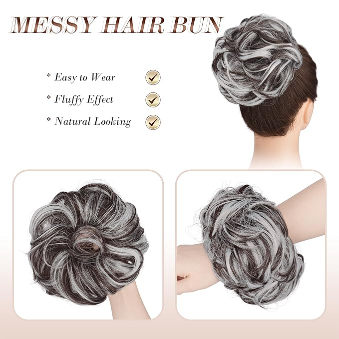 FESHFEN Messy Bun Hair Piece - Large Elastic Wavy Curly Hair Bun Scrunchies Ponytail Extensions Synthetic Chignon Hairpieces for Women, Brown Gray Mix 1.94oz