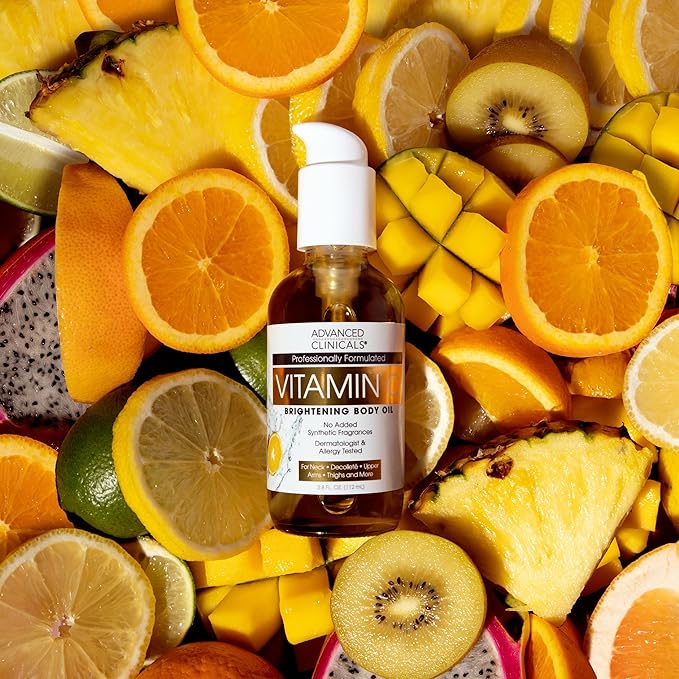 Advanced Clinicals Vitamin C illuminating Body Oil For Women & Men |Vitamin C Oil Skin Care Body Moisturizer With Vitamin E + Botanicals To Help Improve Appearance Of Dark Spots + Dry Skin, 2 Piece