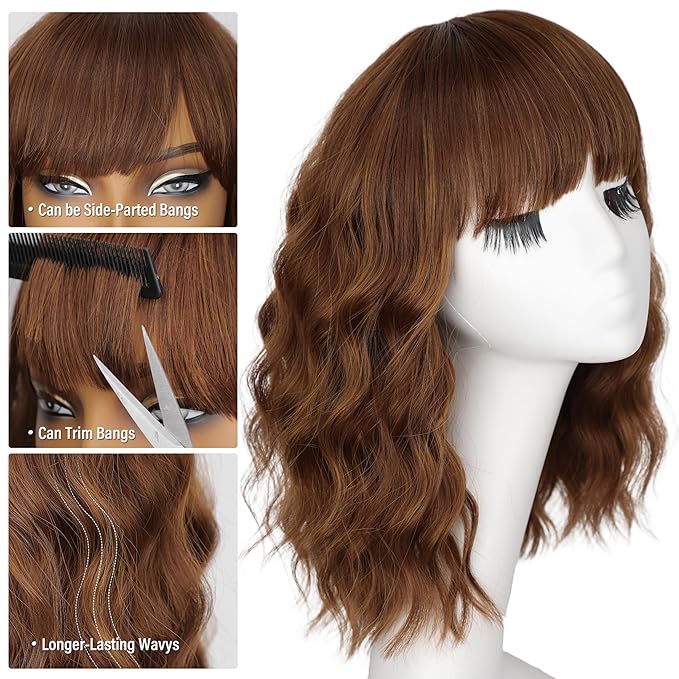 Nnzes Short Wavy Bob Wig with Bangs for Women Shoulder Length Curly Soft Chestnut Caramel Mix Synthetic Heat-Resistant Fiber Hair for Daily & Party Use