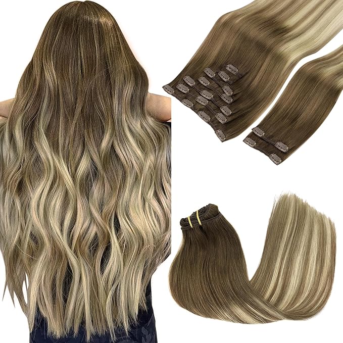 GOO GOO Clip in Hair Extensions Real Human Hair, Remy Human Hair Extensions Clip ins for Women, Natural Human Hair, 24inch 150g 9Pcs, #3/8/613 Balayage Walnut Brown to Ash Brown and Bleach Blonde