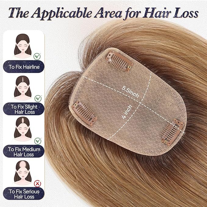 starluck Human Hair Toppers for Women Real Human Hair No Bangs 4 * 5.5 inch Base 12 inch SilkHug Topper for Women with Thinning Hair Cover Grey Roots(Ombre Light Brown)
