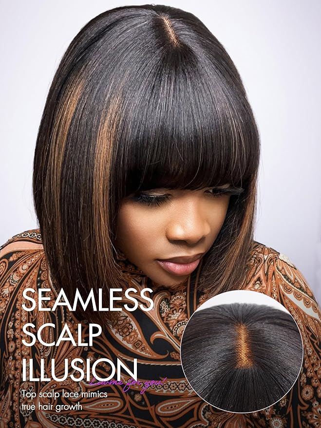 LUVME HAIR 10 Inch Yaki Straight Bob Wig with Bangs Human Hair Glueless HD Lace Bob Wig with Brown Highlights, Ready to Go Short Wigs For Women 180 Density (Breathable Cap)