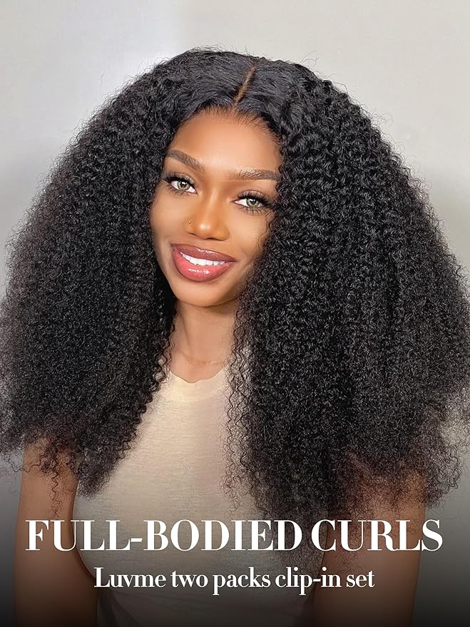 LUVME Curly Hair Extensions Clip ins for Women, Full Head with 2 Pack 270g 14pcs 24Inch Clip in Hair Extensions Raw Virgin Hair Kinky Curly Clip ins