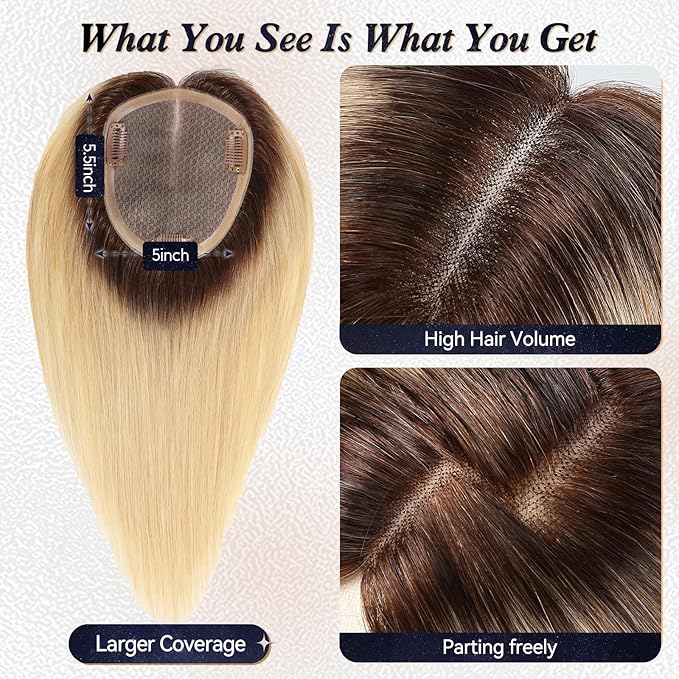 starluck Hair Toppers for Women Real Human Hair,5.5"*5"MONO Large Base,100% Real HumanHair Toppers for Women with Thinning,56g Hand-moven Topper,Gray Roots,High Volume,Ombre Light Blonde