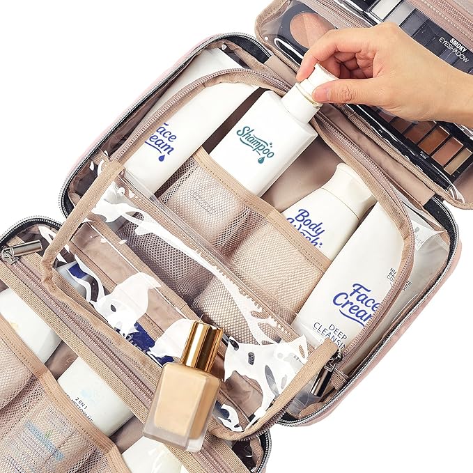 NISHEL Travel Toiletry Bag for women, Portable Hanging Organizer for Travel-Sized Shampoo, Conditioner, Brushes Set, makeup Accessories, Medium Size, Pink