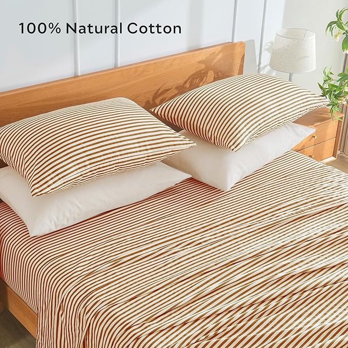 JELLYMONI 100% Natural Cotton Striped King Pillowcases Set, 2 Pack White and Rust Stripes Pattern Printed Pillow Covers with Envelope Closure(Pillows are not Included)
