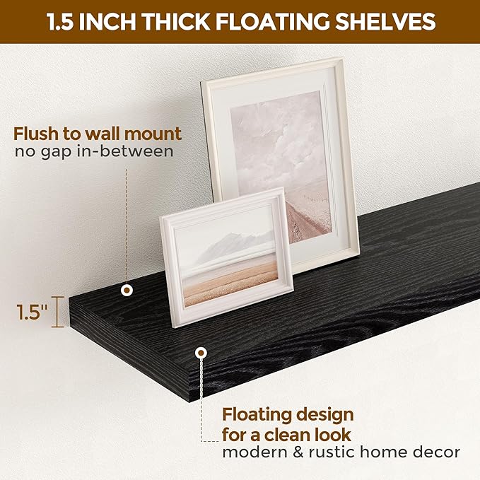 24 Inch Floating Shelves, Rustic 24 x 9 Black Floating Shelf for Wall, Black Bathroom Shelf Set of 2, Farmhouse Wood Wall Shelves for Bedroom, Kitchen, 9 Inch Deep Shelves for Home Storage