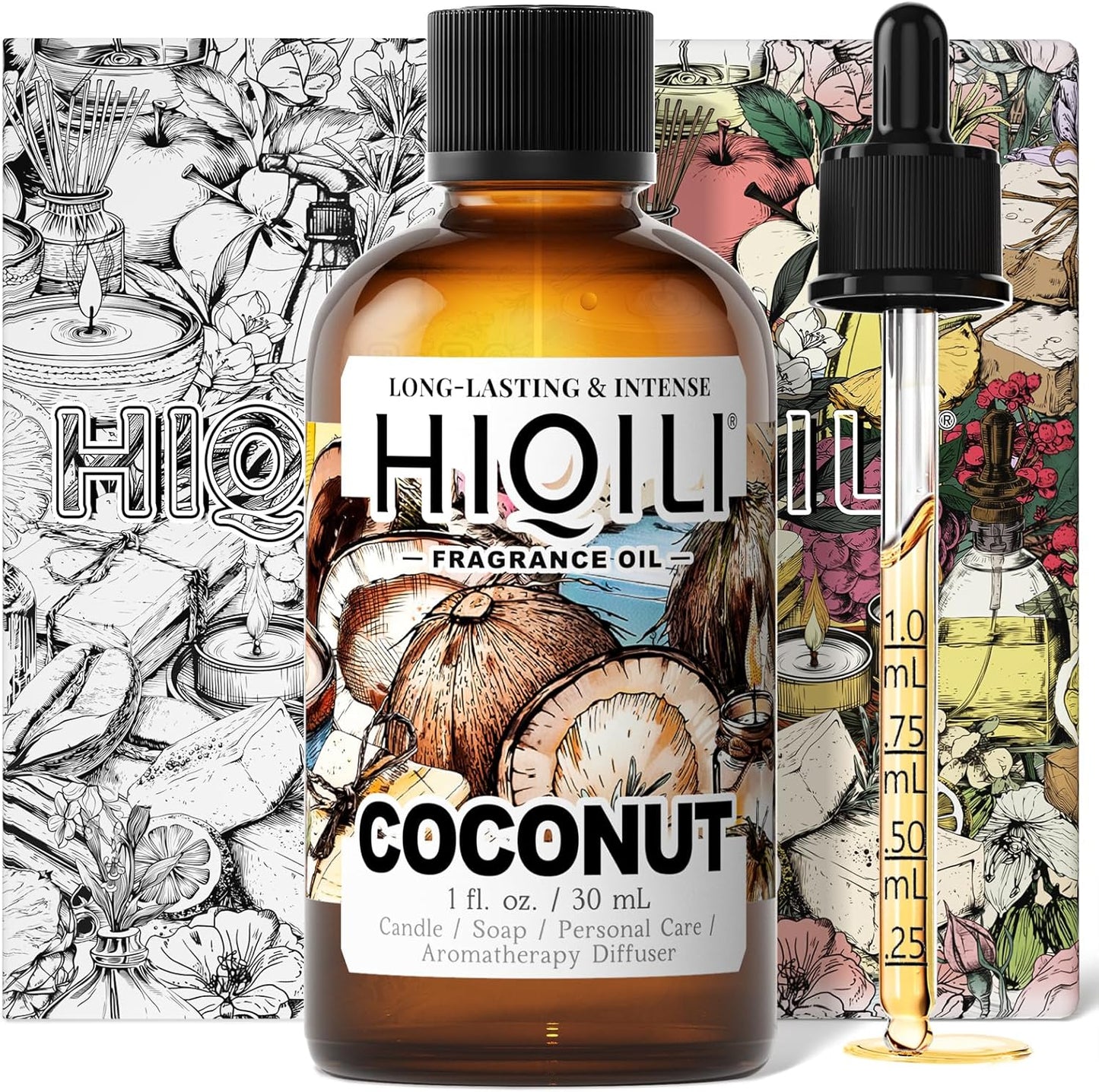 HIQILI Coconut Fragrance Oil for Home Diffuser, Ideal for Making Candle, Soap, Body Spray, Women's Perfume, Creamy Scents - 1 Fl Oz