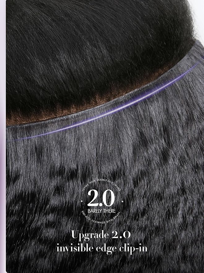 LUVME Invisible Clip in Hair Extensions, Kinky Straight Real Human Hair 20 Inch 2 Pack 220g 14pcs Clip ins Hair Extensions Natural Black for Women