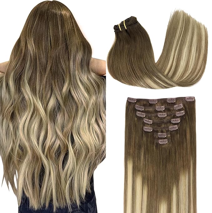 GOO GOO Clip in Hair Extensions Real Human Hair, Remy Human Hair Extensions Clip ins for Women, Natural Human Hair, 26inch 135g 7Pcs, 3/8/613 Balayage Walnut Brown to Ash Brown and Bleach Blonde