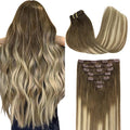 GOO GOO Clip in Hair Extensions Real Human Hair, Remy Human Hair Extensions Clip ins for Women, Natural Human Hair, 24inch 170g 7Pcs, #3/8/613 Balayage Walnut Brown to Ash Brown and Bleach Blonde