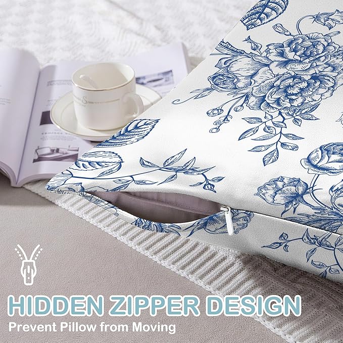 Satin Pillowcase 1 Pack-Blue Flowers Peonies Roses Silky Pillow Cover for Hair and Skin,King Size 20x36 Inch Soft Cooling Printed Pillow Cases with Hidden Zipper,Gifts for Women Men