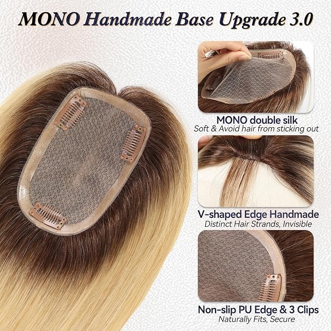 starluck Hair Toppers for Women Real HumanHair,5.5"*4"MONO Large Base,100% Real Human Hair-Toppers for Women with Thinning,46g Hand-moven Topper,Gray Roots,High Volume,Ombre Light Blonde