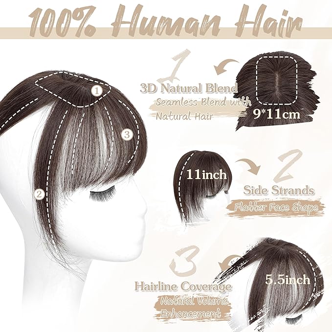 Human Hair Toppers for Women - 150% Density Clip In Hair Topper with Bangs U Shape 10 Inch Toppers Hairpieces for Women Perfect for Thinning Hairr Ideal for Daily Use Dark Brown
