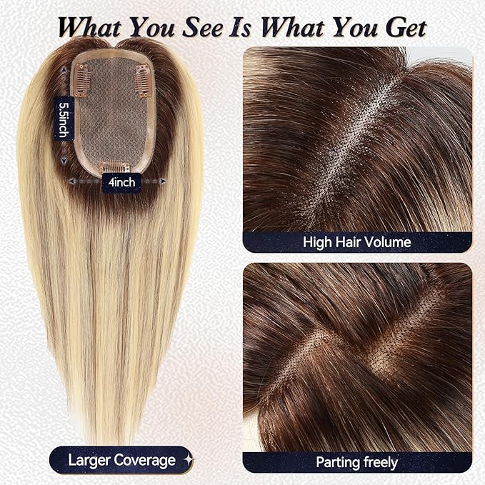 starluck Hair Toppers for Women Real HumanHair,5.5"*4"MONO Large Base, Real Human Hair-Toppers for Women with Thinning,46g Hand-moven Topper,Gray Roots,High Volume,Ombre Blonde with Brown Highlight
