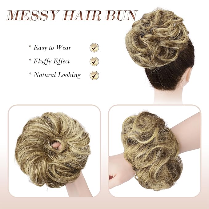 FESHFEN Messy Bun Hair Piece - Large Elastic Wavy Curly Hair Bun Scrunchies Ponytail Extensions Synthetic Chignon Hairpieces for Women, Sand 1.94oz