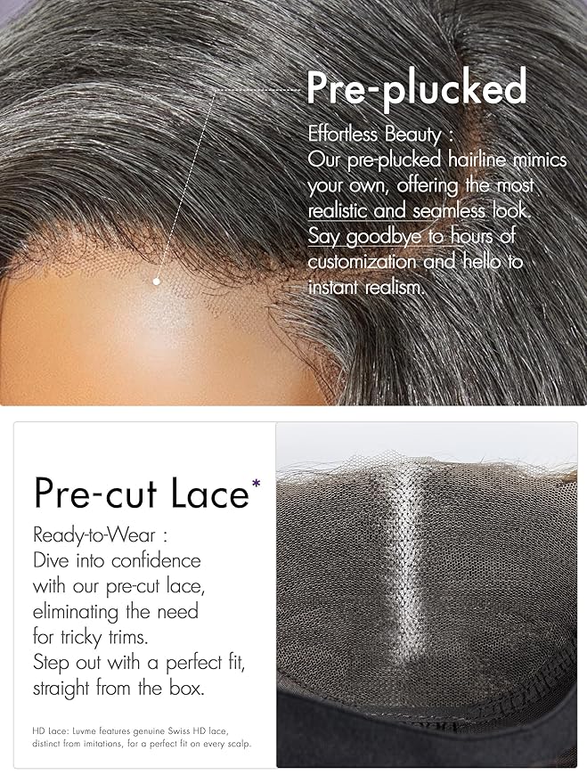 LUVME HAIR Salt & Pepper Layered Bob Glueless Pre-Cut Lace Wig Gray Wigs For Women Short Grey Hair Glueless Bob Wigs Pre Plucked Pre Cut Pixie Cut