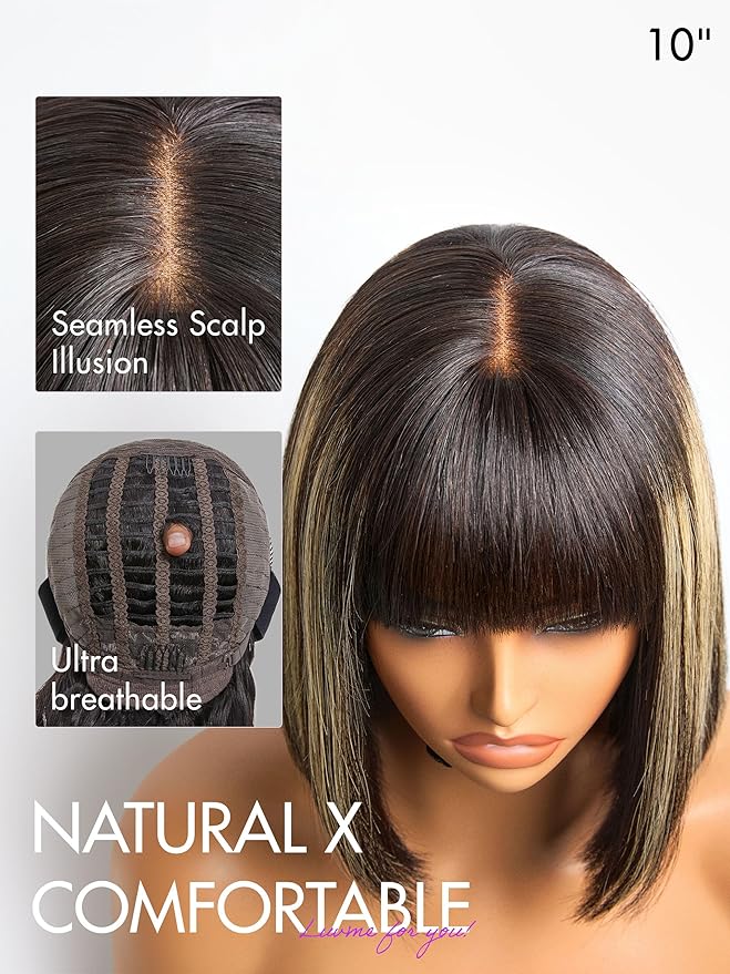 LUVME HAIR 10 Inch Blonde Highlight Bob Human Hair Wig with Bangs Glueless HD Lace Bang Wig True Scalp Ready to Go Silky Straight Highlight Human Hair Short Wig with Bangs (Breathable Cap)